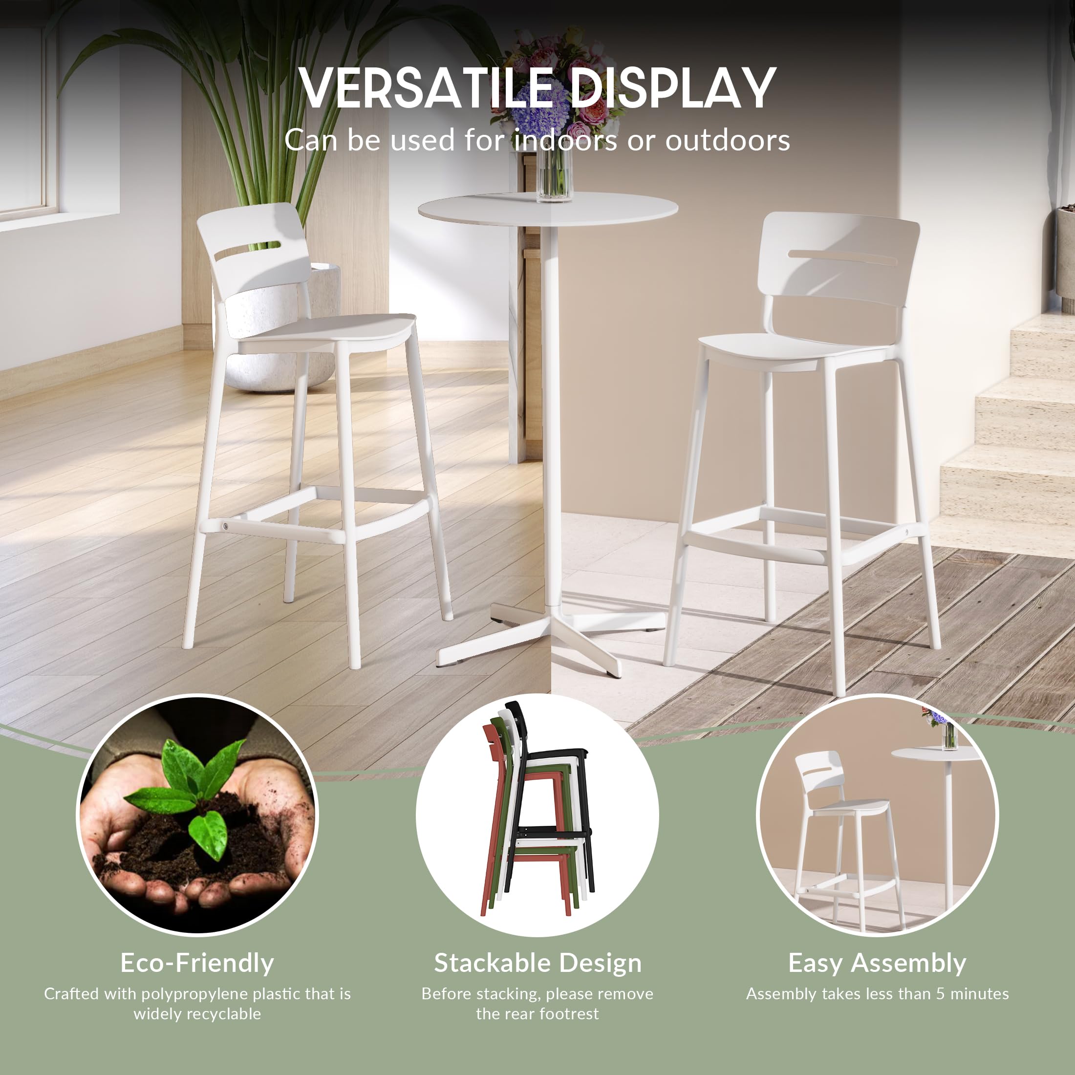 Stackable Polypropylene Outdoor Patio Bar Stools Set of 2