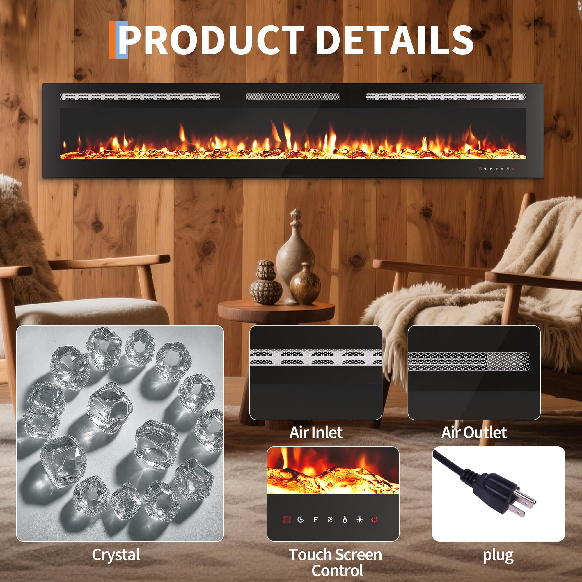 50" Wall Mount Electric Fireplace with Remote