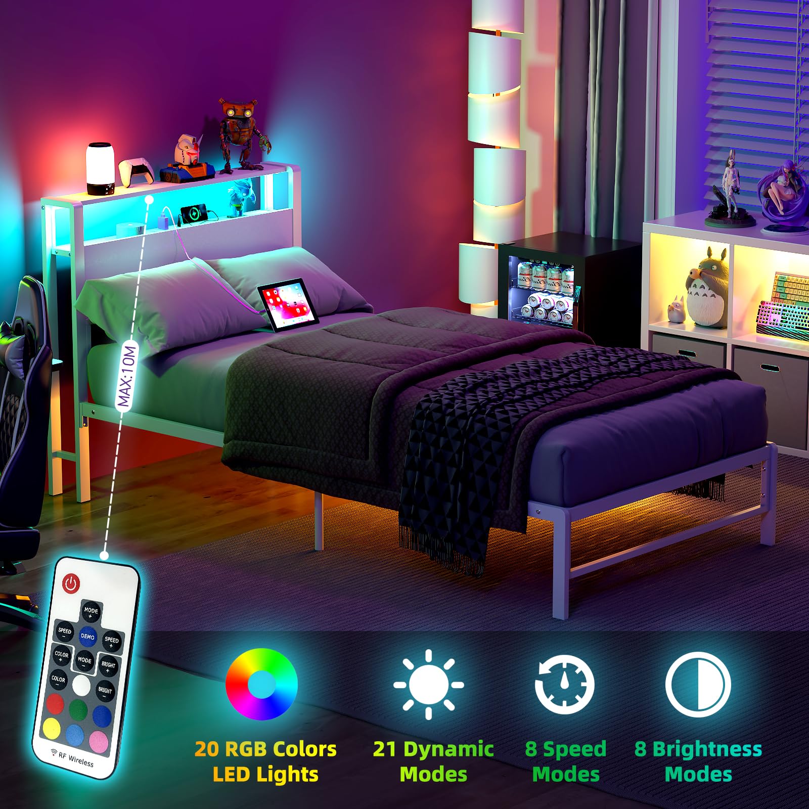 Twin Bed Frame with Storage Shelves and LED Lights