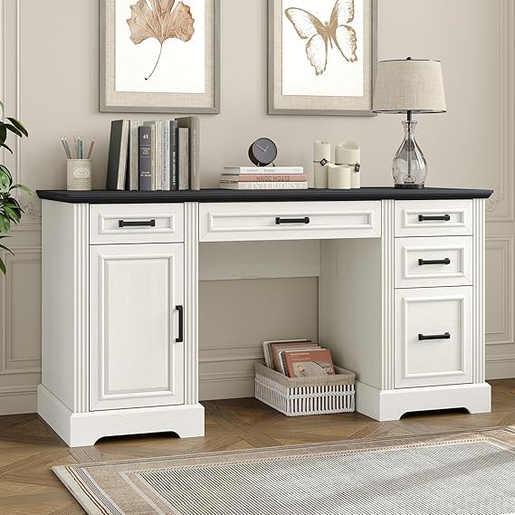 76" Farmhouse Executive Desk with Hutch and Charging Station