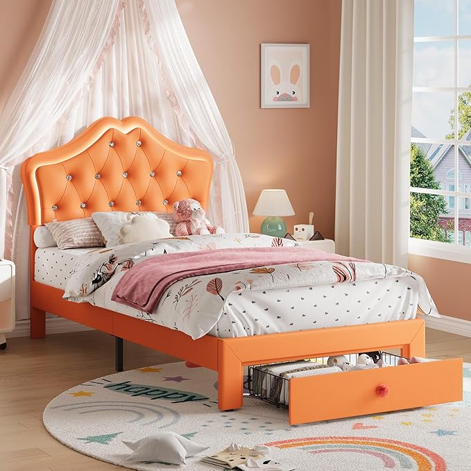 Twin Bed Frame with LED Lights and Storage Drawer
