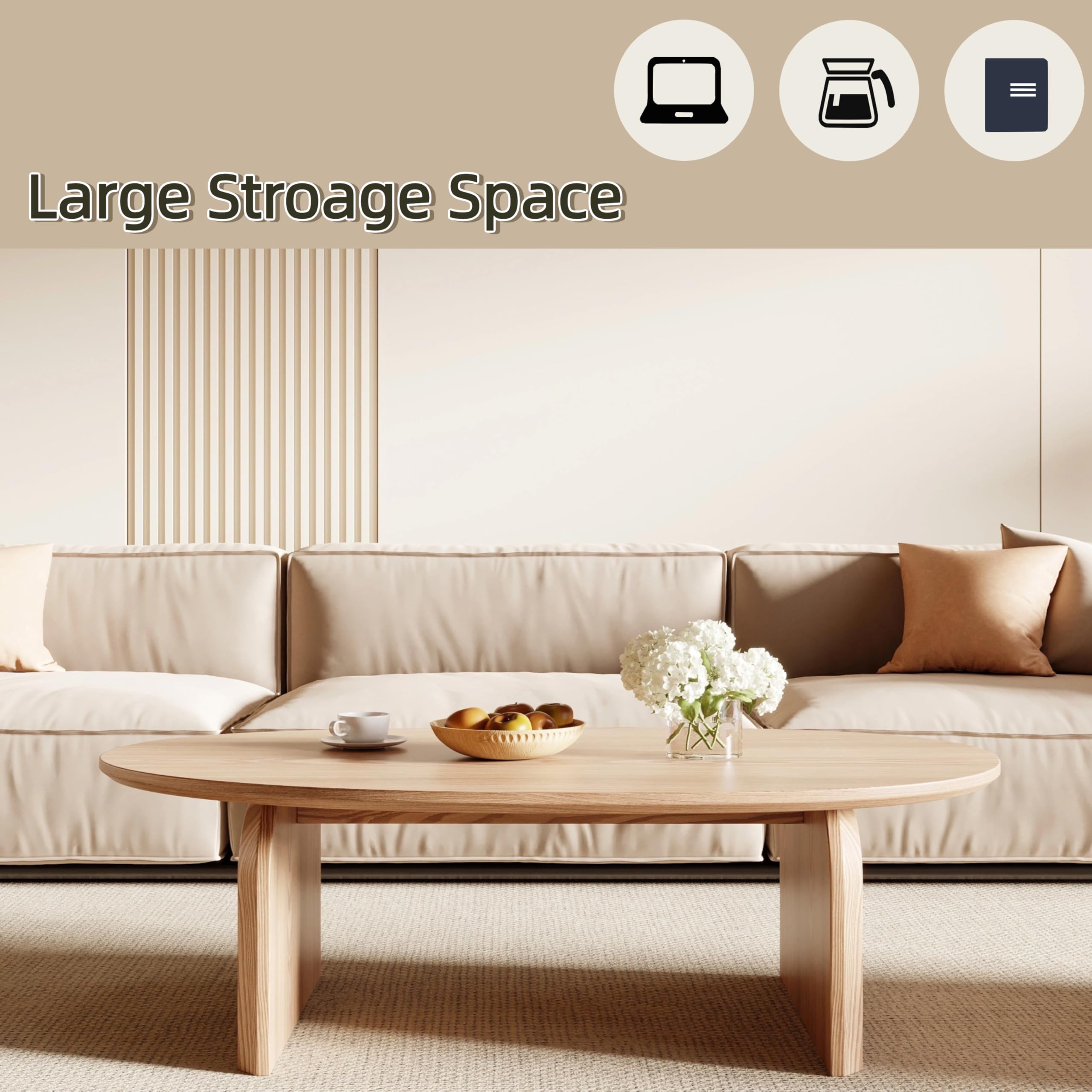 Modern Oval Coffee Table - Oak Wood Top with Solid Legs