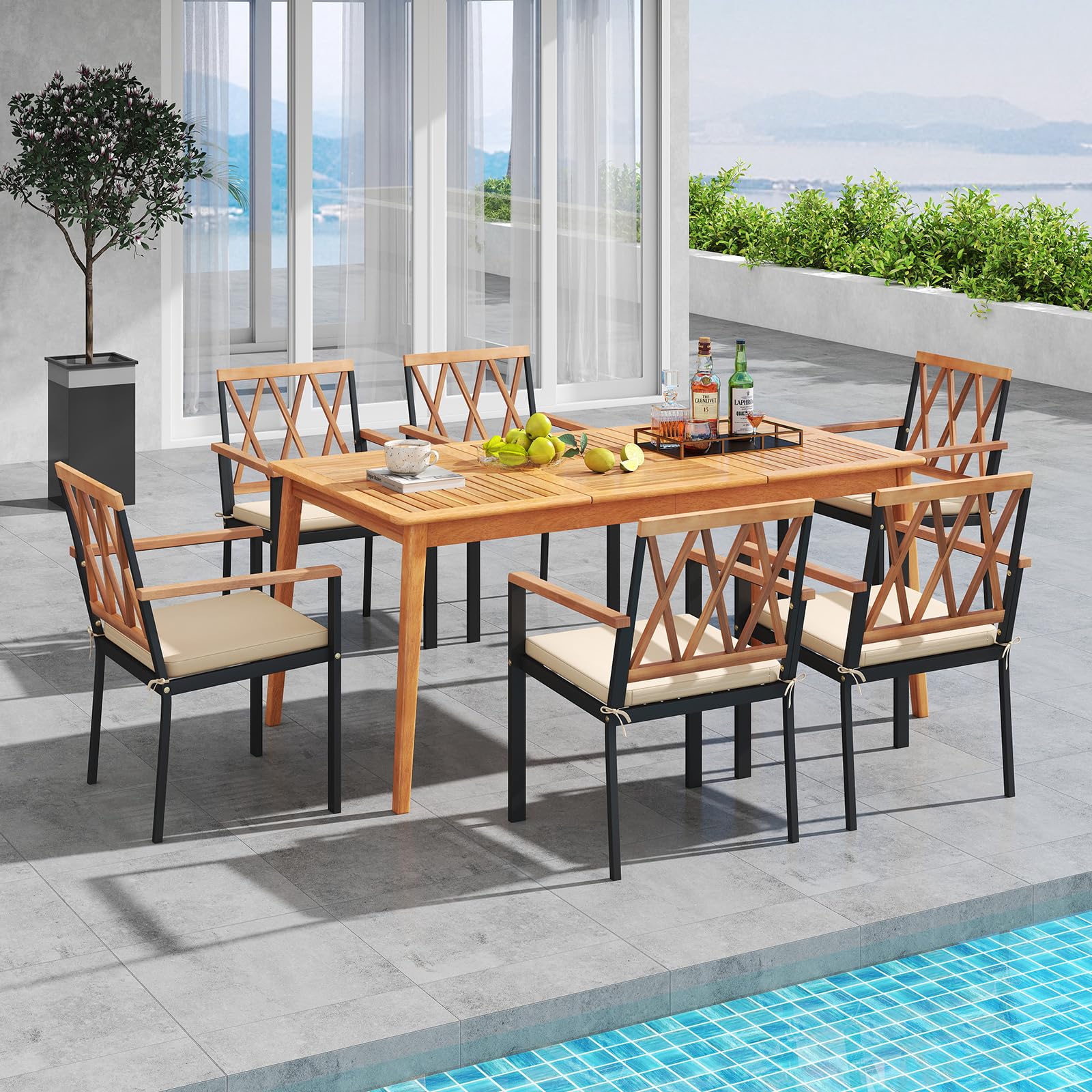 Tangkula 7 Piece Wood Outdoor Dining Set for 6, Rectangular Patio Acacia Wood Table Set with 6 Cushioned Chairs, Umbrella Hole, Heavy Duty Metal Frame for Deck Porch Backyard