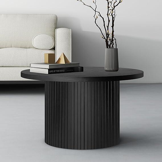 23.6 Inch Round Drum Coffee Table with Fluted Wood Base