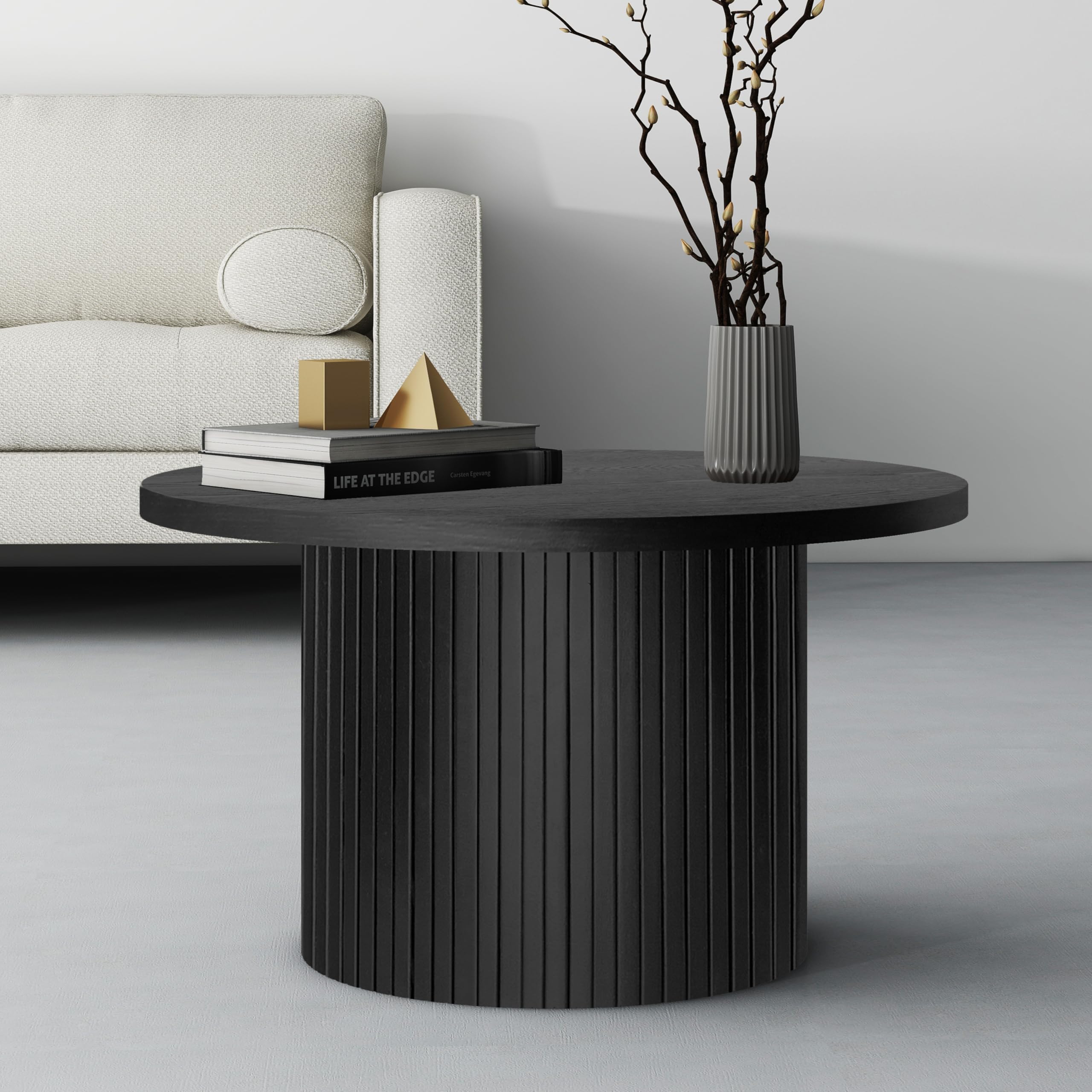 23.6 Inch Round Drum Coffee Table with Fluted Wood Base