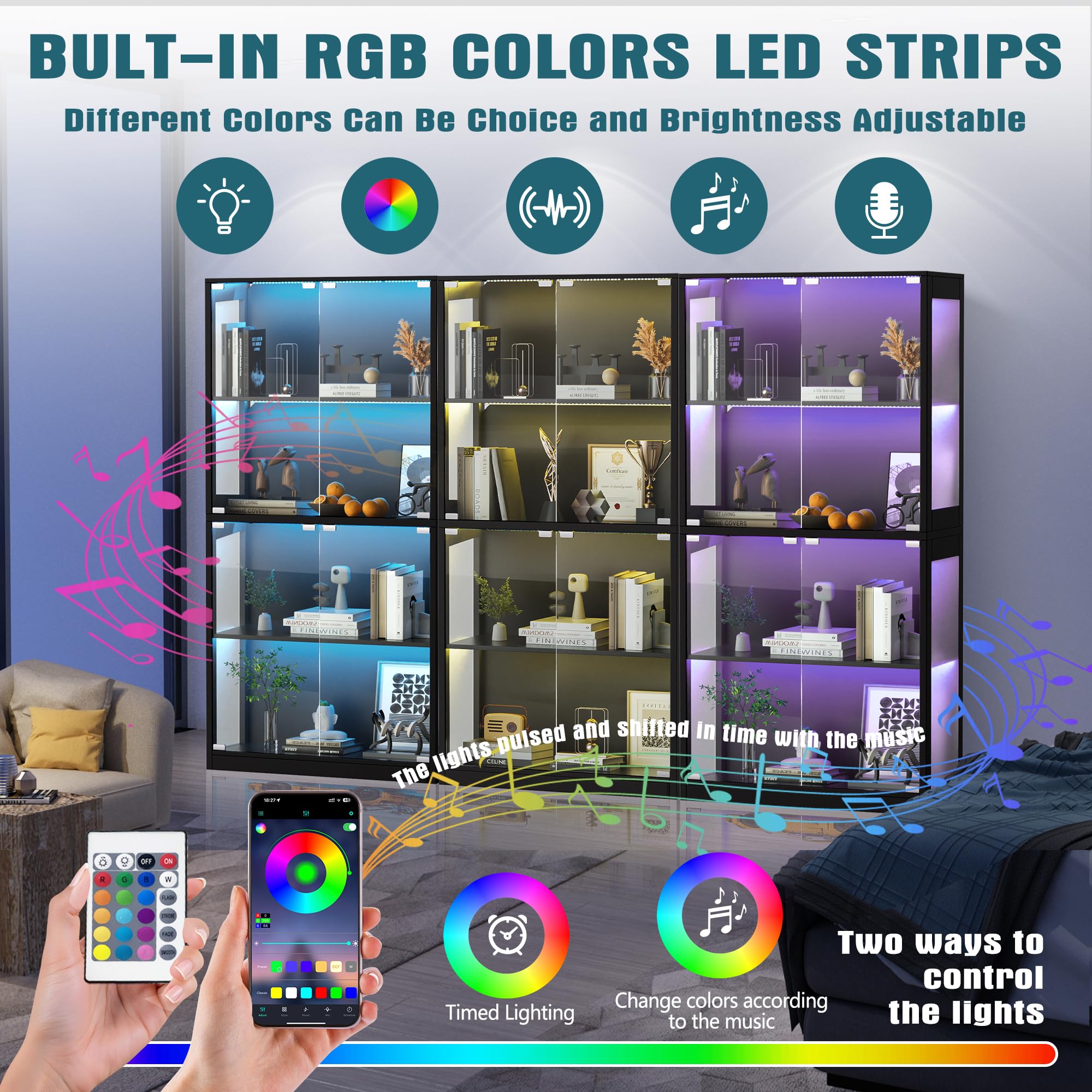 4-Tier Glass Display Cabinet with LED Lights