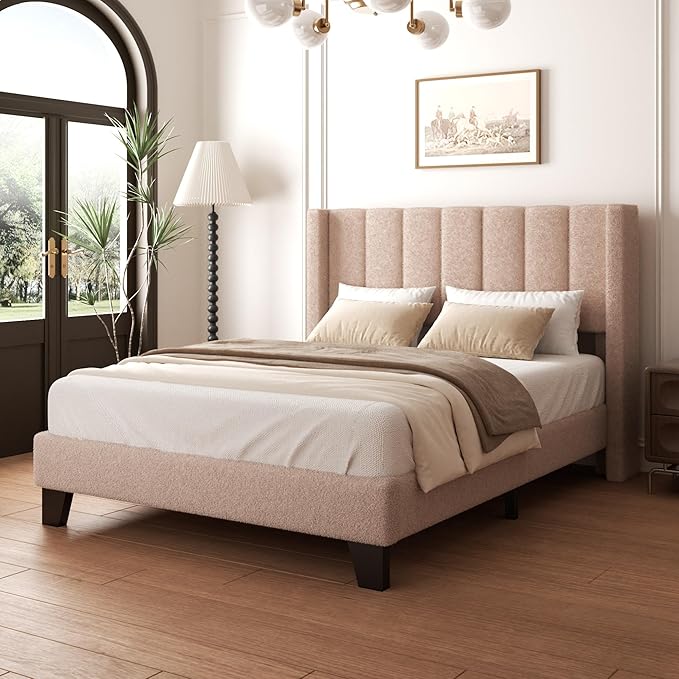 King Upholstered Platform Bed Frame with Teddy Velvet Headboard