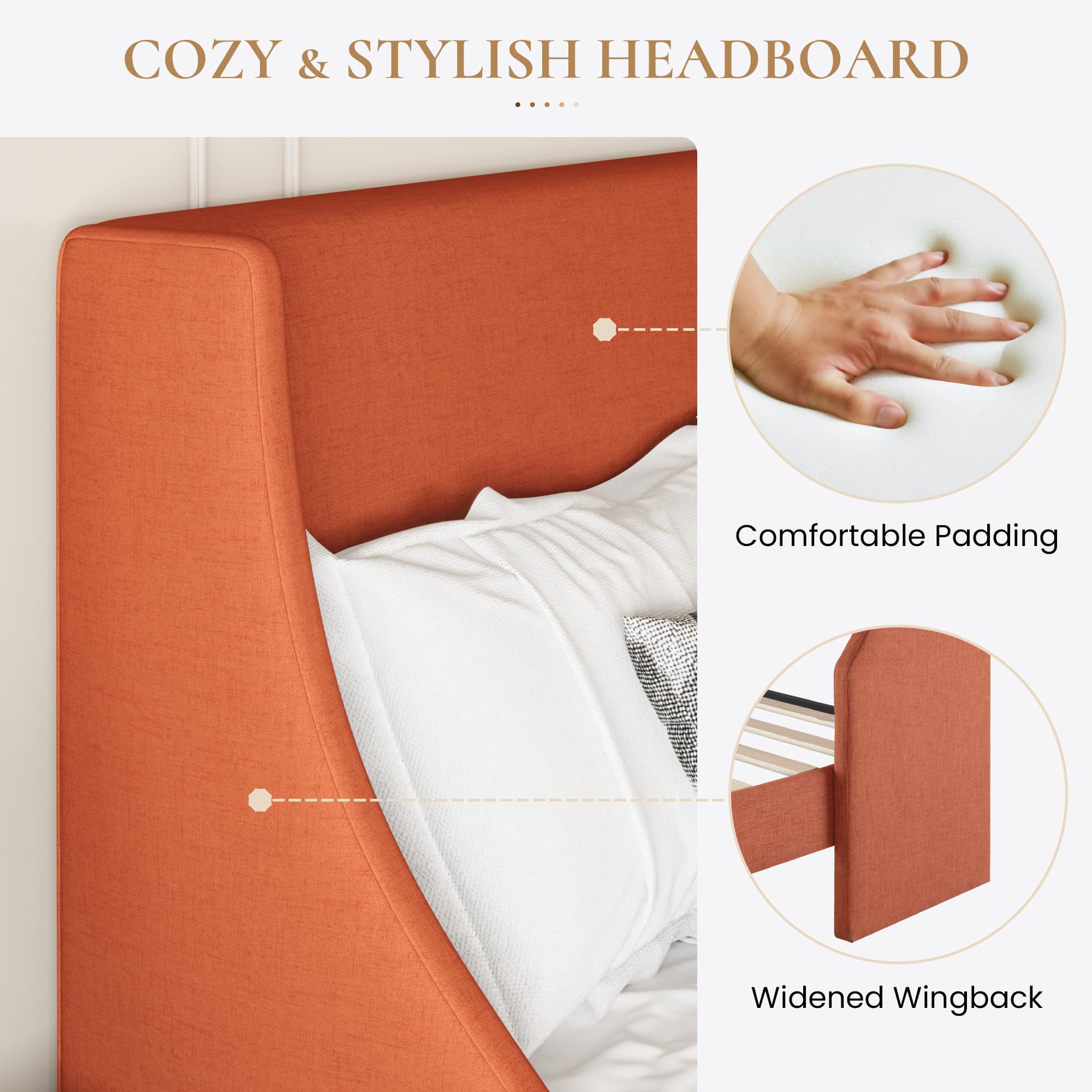 Upholstered King Bed Frame with Wingback Headboard