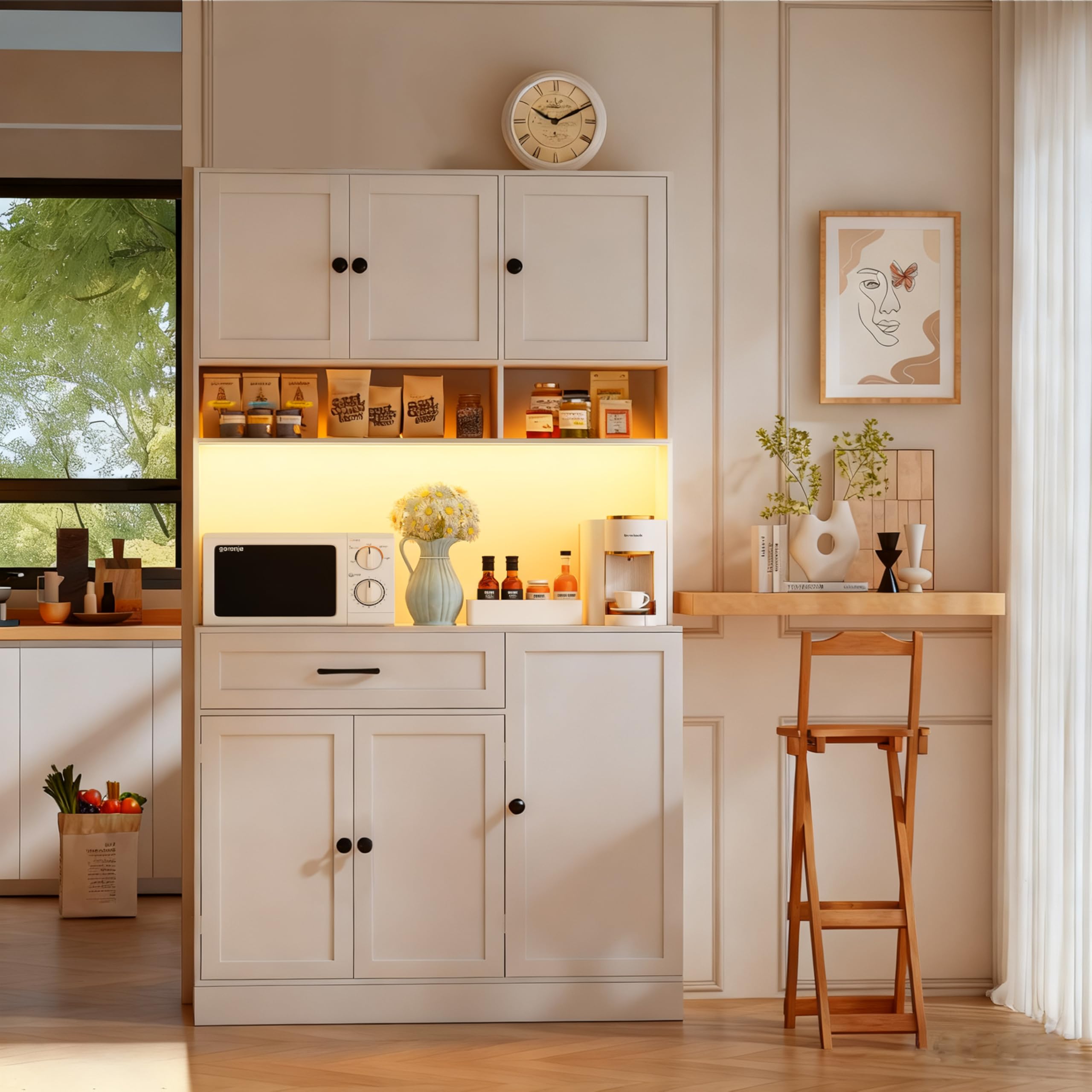 Kitchen Pantry Cabinet with LED Light and Charging Station