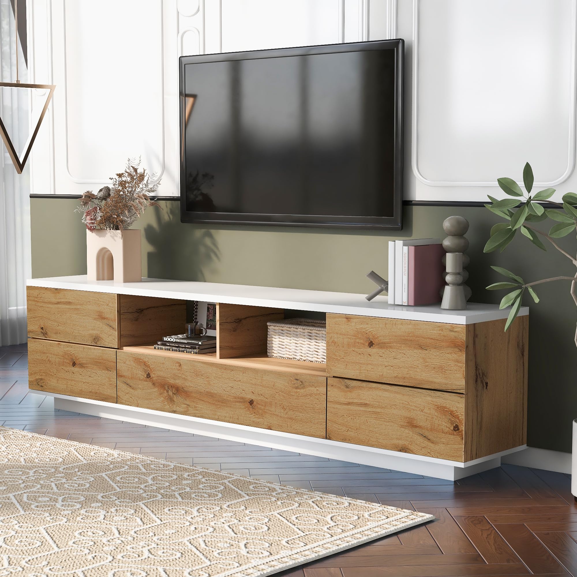 Wood TV Stand Entertainment Center with Storage Cabinets