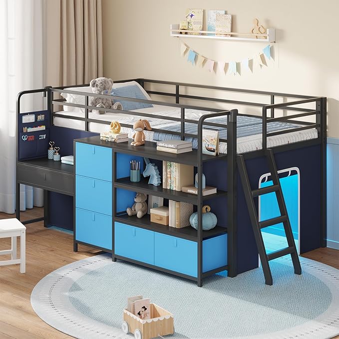 Twin Low Loft Bed with Slide and Storage