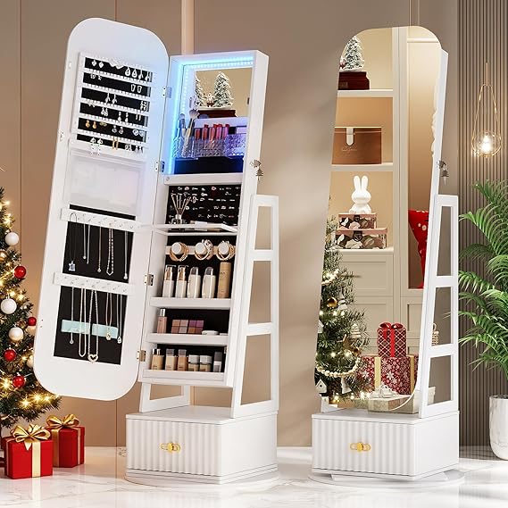 360° Swivel Jewelry Organizer with Full Length Mirror and Lights