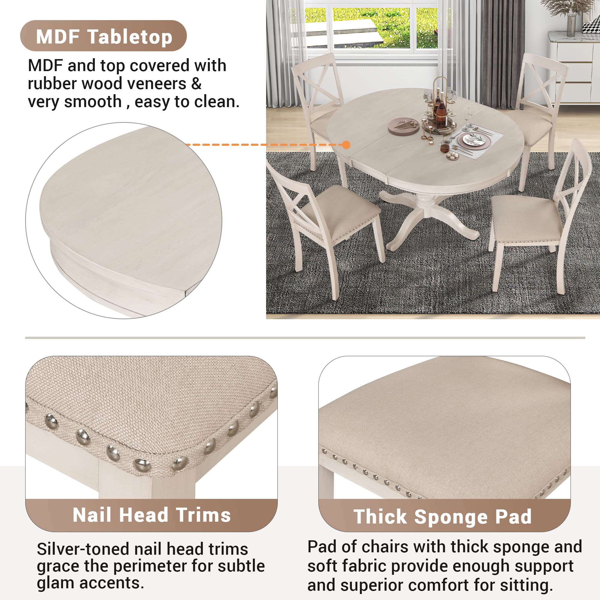 5-Piece Round Dining Table Set with 4 Chairs