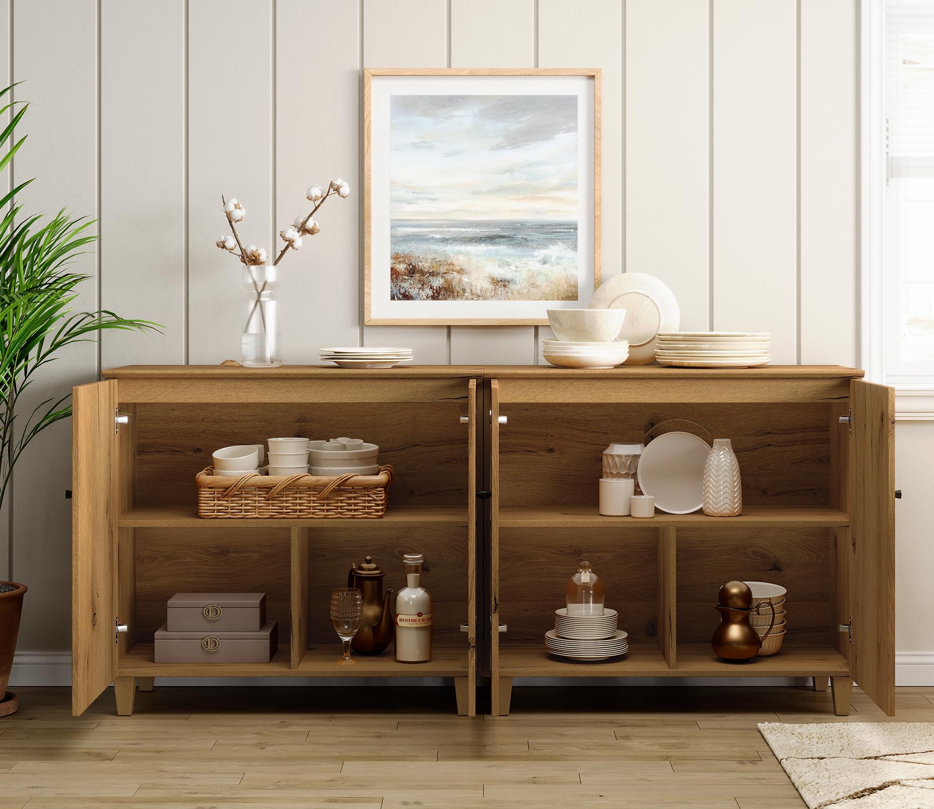 70.8" Oak Brown Buffet Cabinet with 4 Doors