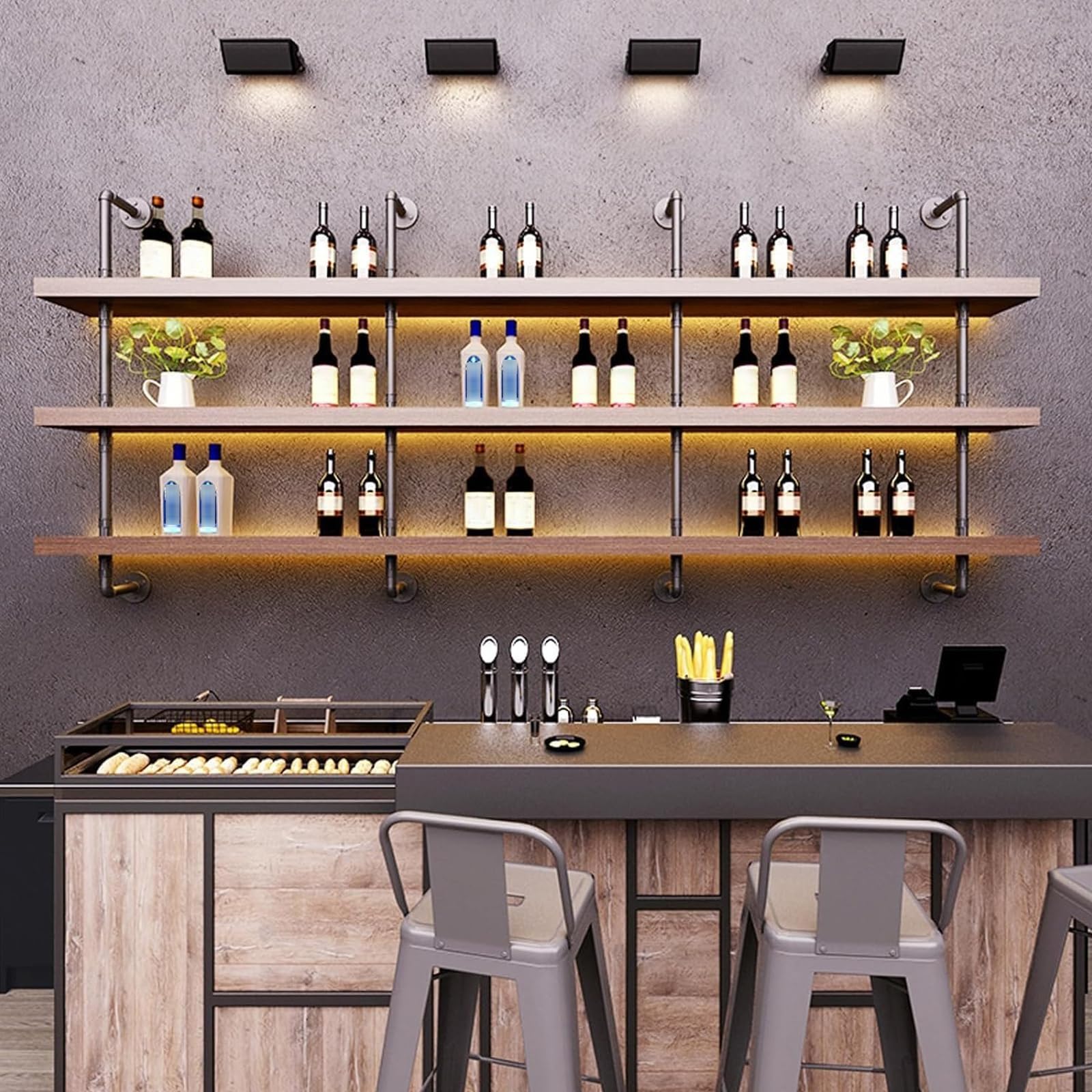 70.8in Wall Mounted Wine Rack with LED Light - 3 Tier Floating Shelf