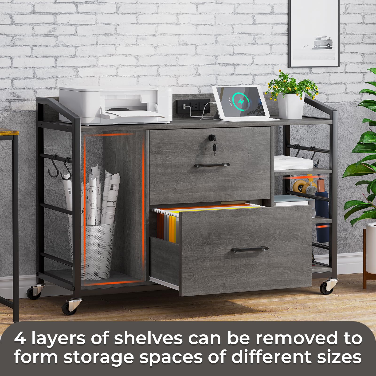 SEDETA 44" File Cabinet, Filing Cabinet fits Legal/Letter Size, 2 Drawer File Cabinets for Home Office with Lock, Power Strip, 6 Storage Shelves, Grey