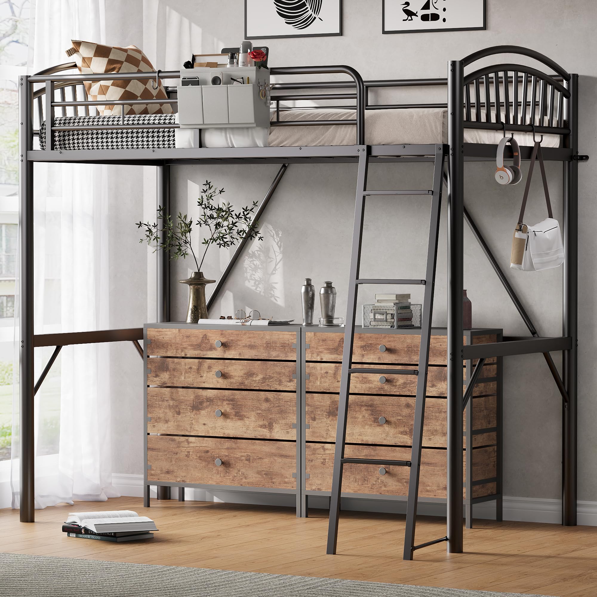 Metal Loft Bed Twin Size with Bedside Caddy and Convertible Ladder