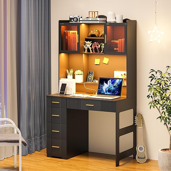 LED Study Desk with Hutch and Drawer