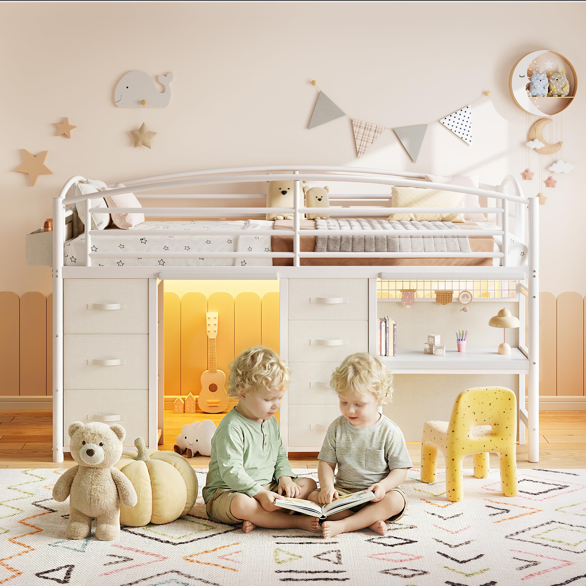 Twin Loft Bed with 7 Storage Drawers Desk and LED Lights