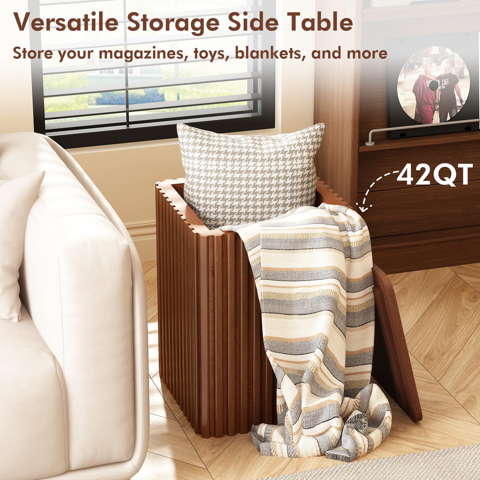 Set of 2 Fluted Side Table with Storage-Small Square End Table with Solid Wood Veneer Top, Accent Table Modern Farmhouse Pedestal Drink Table for Couch Sofa Living Room, Rustic Brown