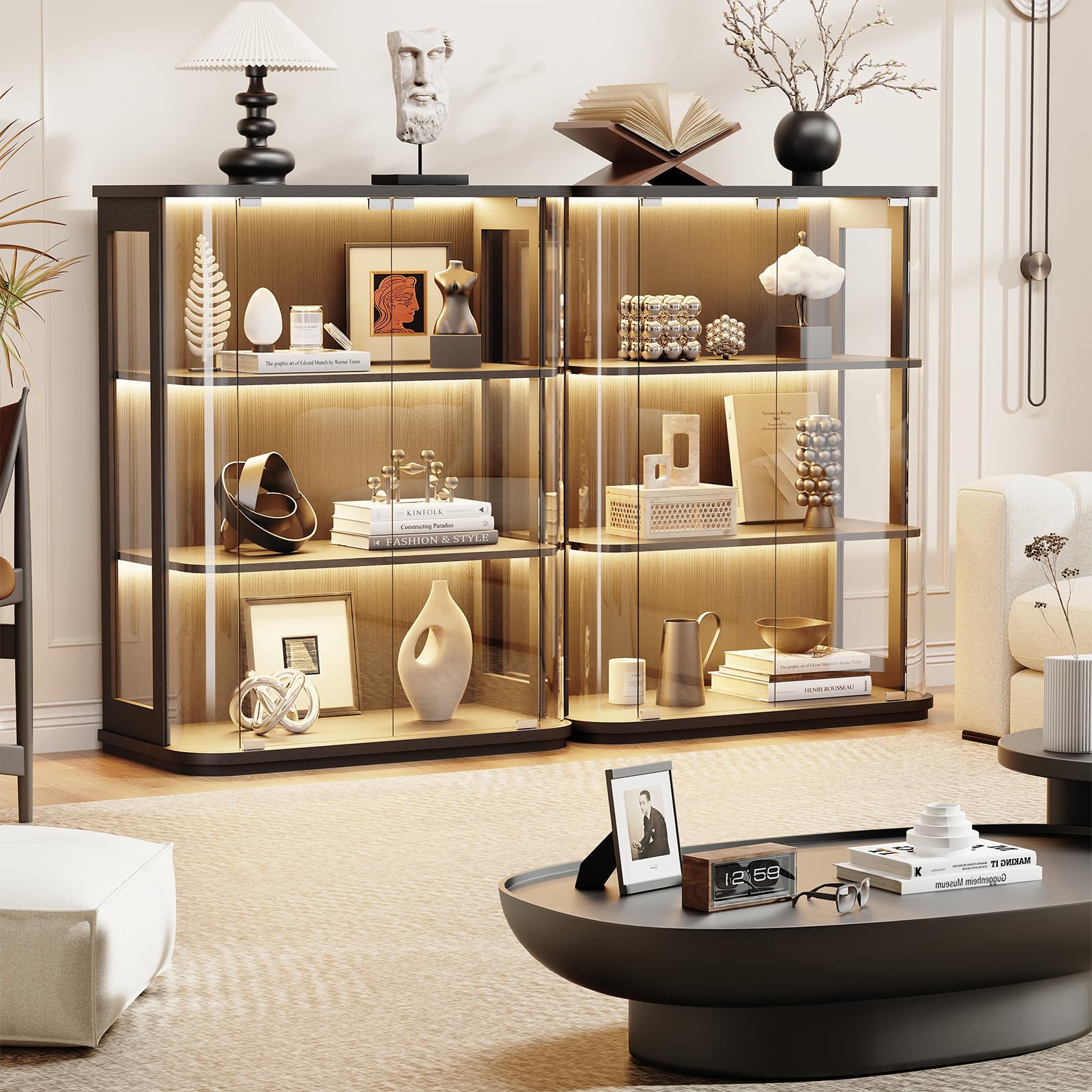 Rounded Display Cabinet with Glass Door - 3-Tier Curio Cabinet with LED Lights