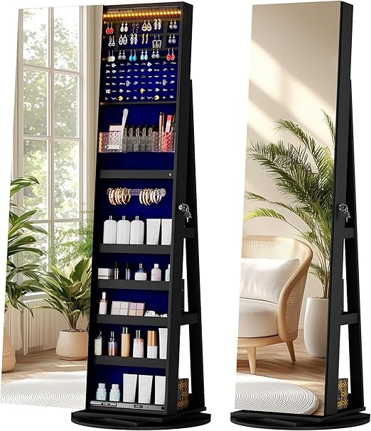 360° Rotating Full Length Mirror Jewelry Cabinet with LED Lighting
