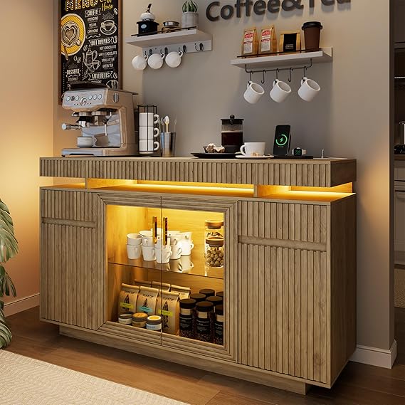 Fluted Sideboard Buffet Cabinet with LED Lighting