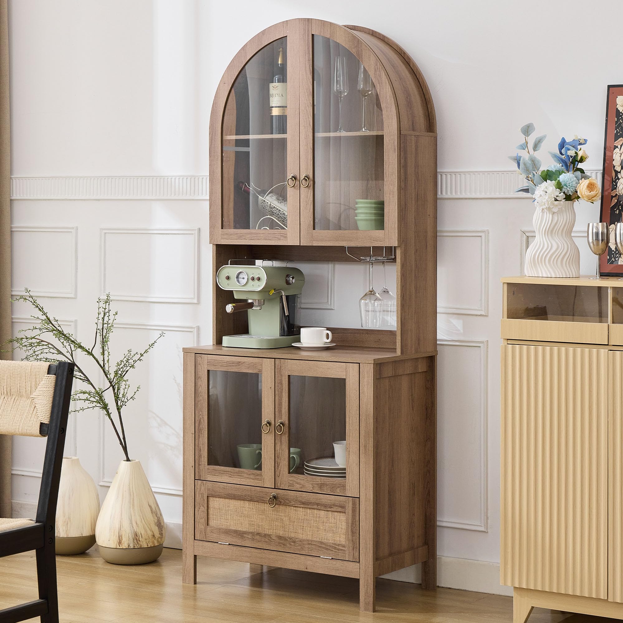 75" Tall Arched Pantry Cabinet with Glass Door