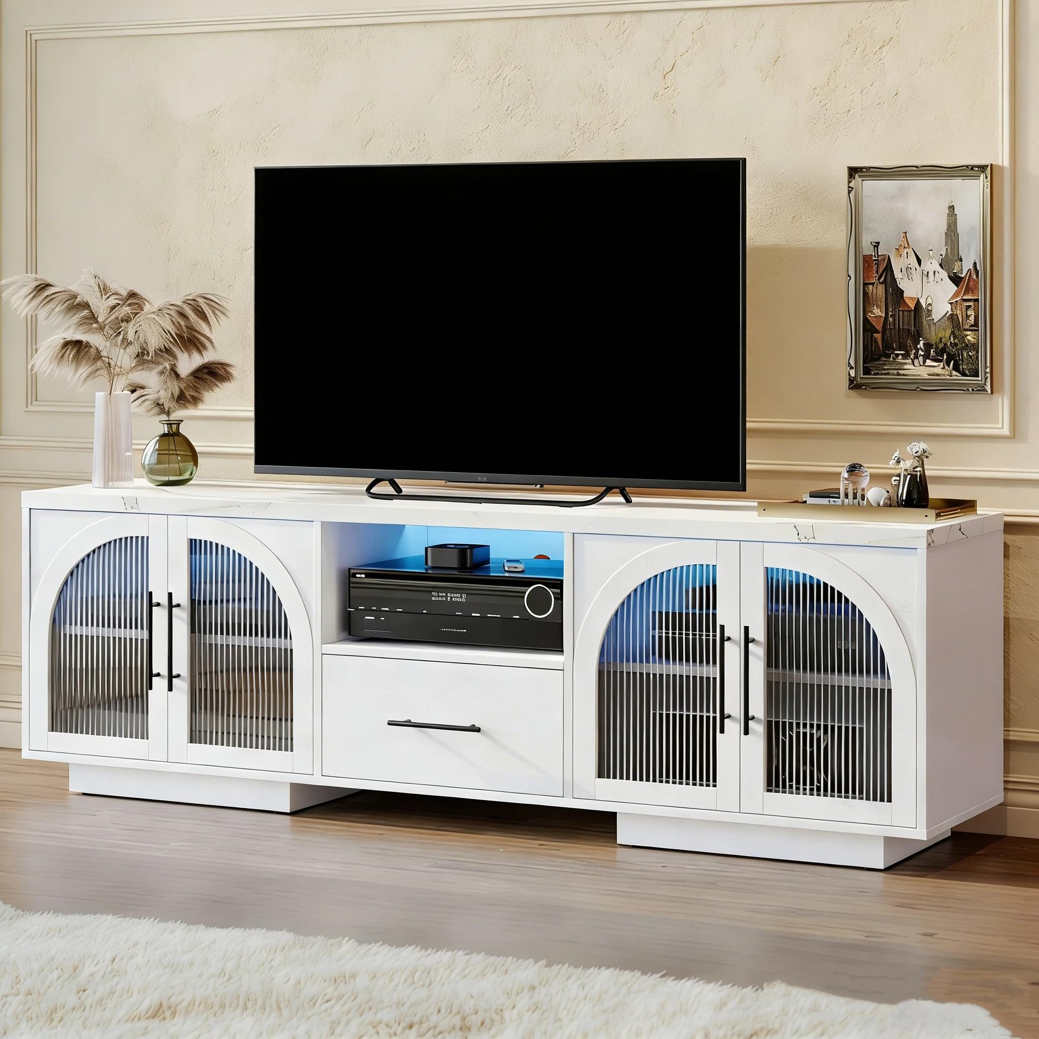 70" TV Stand with LED Lights and Arched Glass Doors