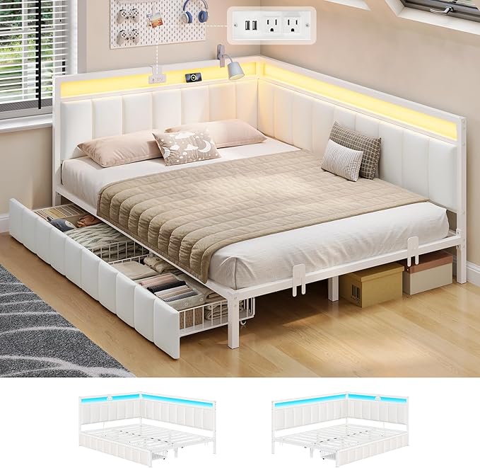 Corner Bed Frame with Storage Drawers and LED Light