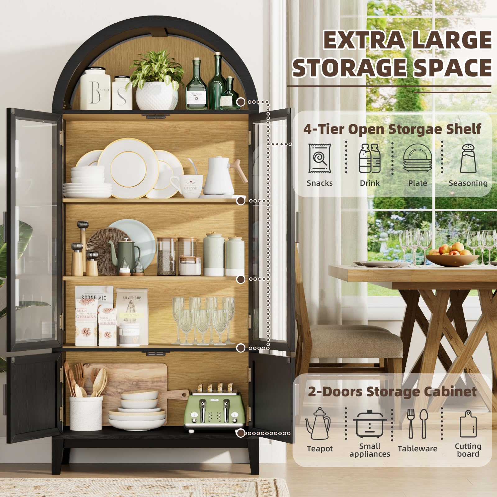 Arched Glass Door Pantry Cabinet with LED Lights