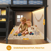ADORNEVE Low Loft Bed Twin Size with 7 Storage Drawers, Bookcase and LED Lights, Metal Kids Loft Bed with 14" H Safety Guardrail,Inclined Ladder and Play Curtain, Under-Bed Play Space, Black