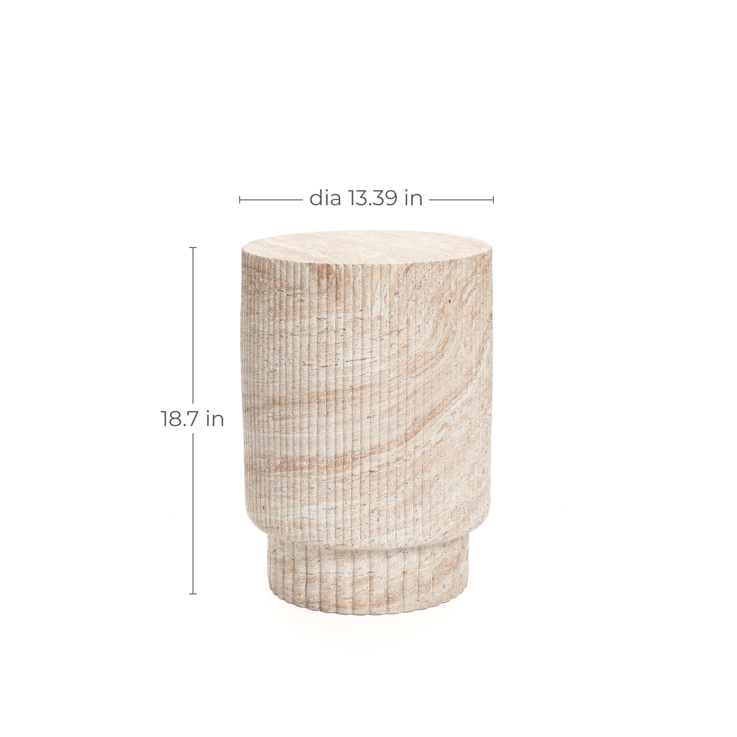 Outdoor Accent Side Table 18 Inch Round Travertine Style Ribbed Cement