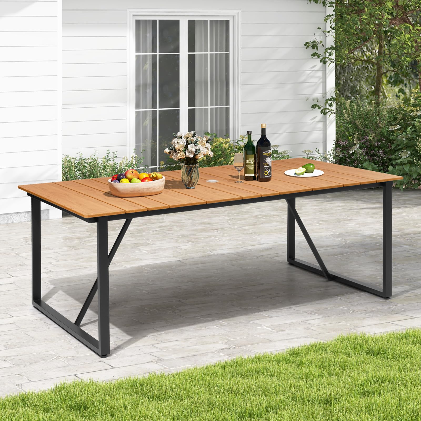 Outdoor Dining Table with Umbrella Hole 83 Inch Rectangle