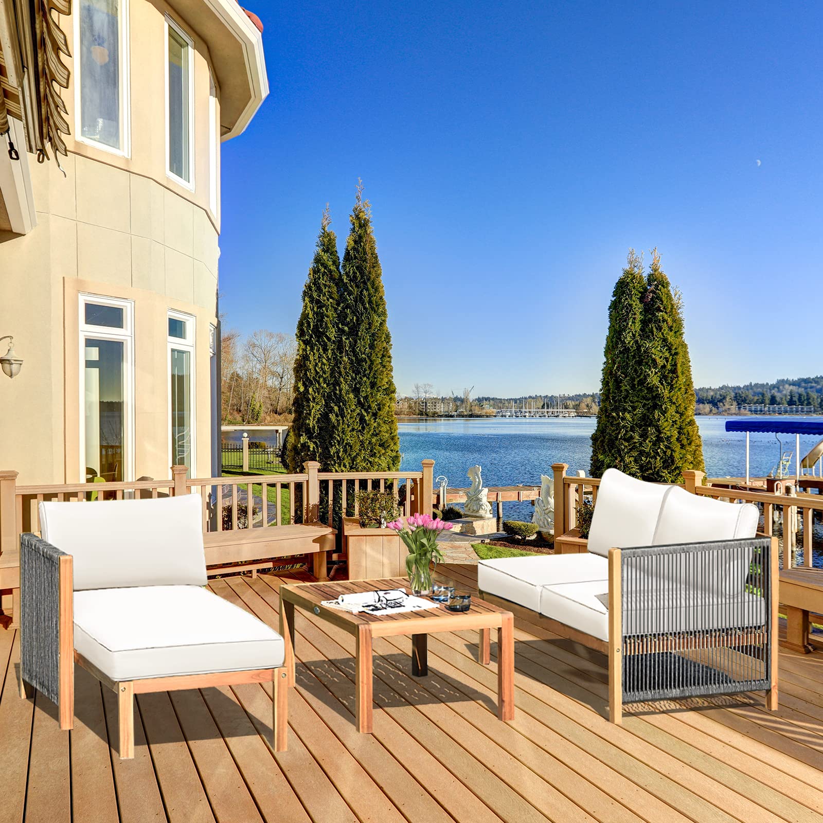 L-Shape Outdoor Furniture Set - 3 Piece Acacia Wood Patio Conversation Set