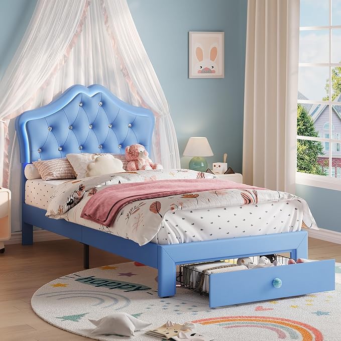 Twin Bed Frame with LED Lights and Storage Drawer