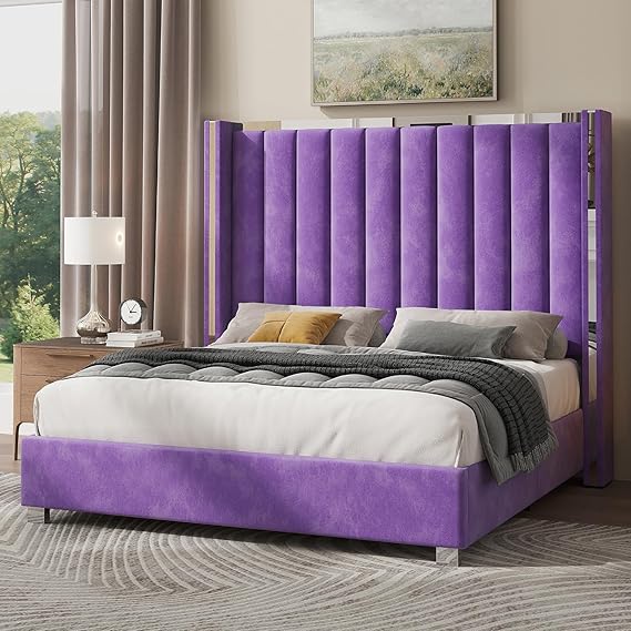 Purple Velvet Queen Bed Frame with 58" Wingback Headboard