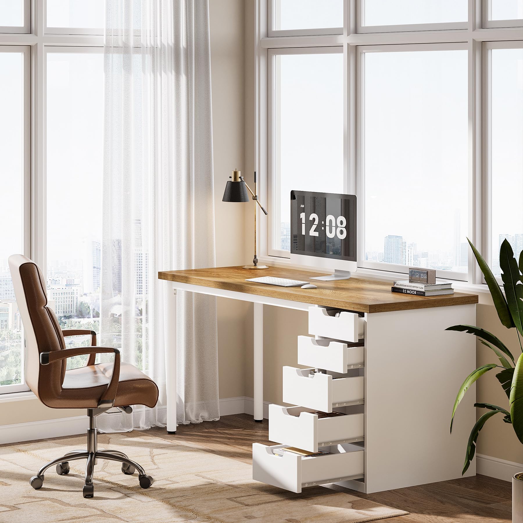 Computer Desk with 5 Reversible Drawers