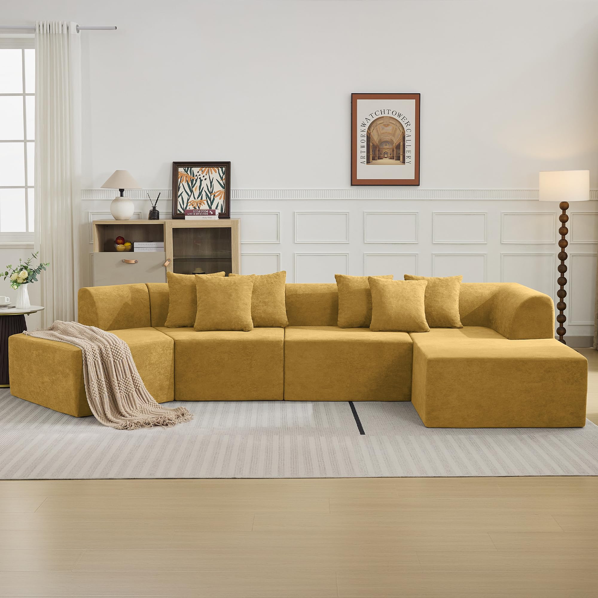 140''Oversized Cloud Velvet Curved Sectional Couch, Boneless Couch with L-Shape Chaise, Upholstered Compression Memory Foam Modular Sectional Sofa for Living Room, No Assembly Required, Yellow
