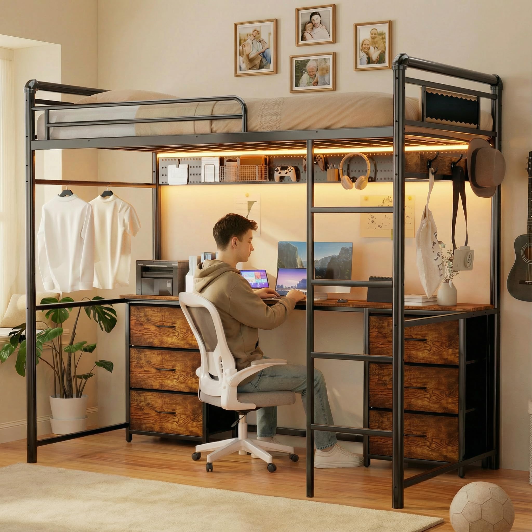 Twin Metal Loft Bed with Desk and Stairs