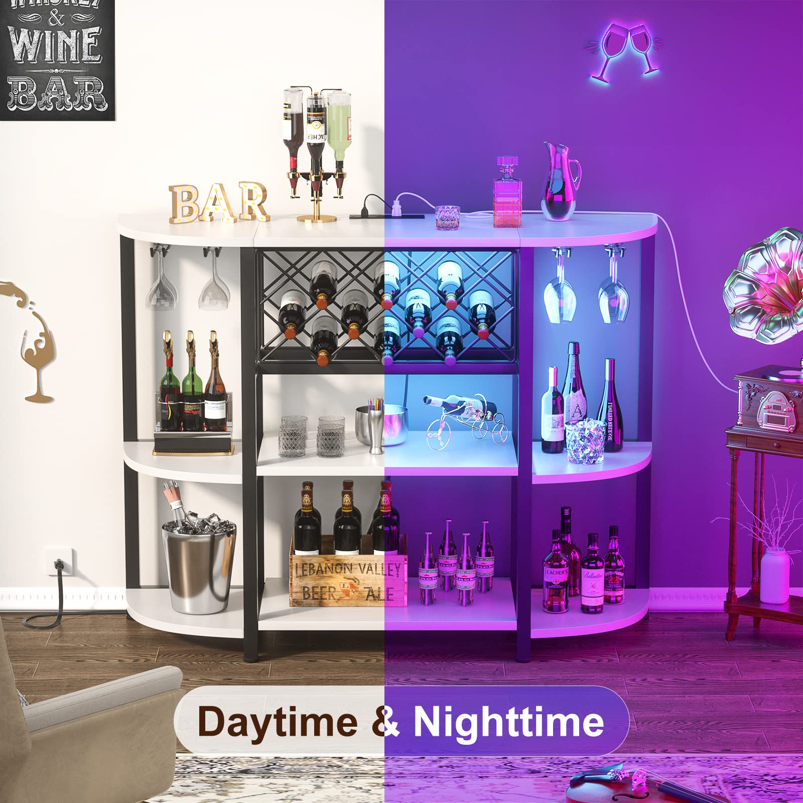 Wine Bar Cabinet with LED Light and Charging Station