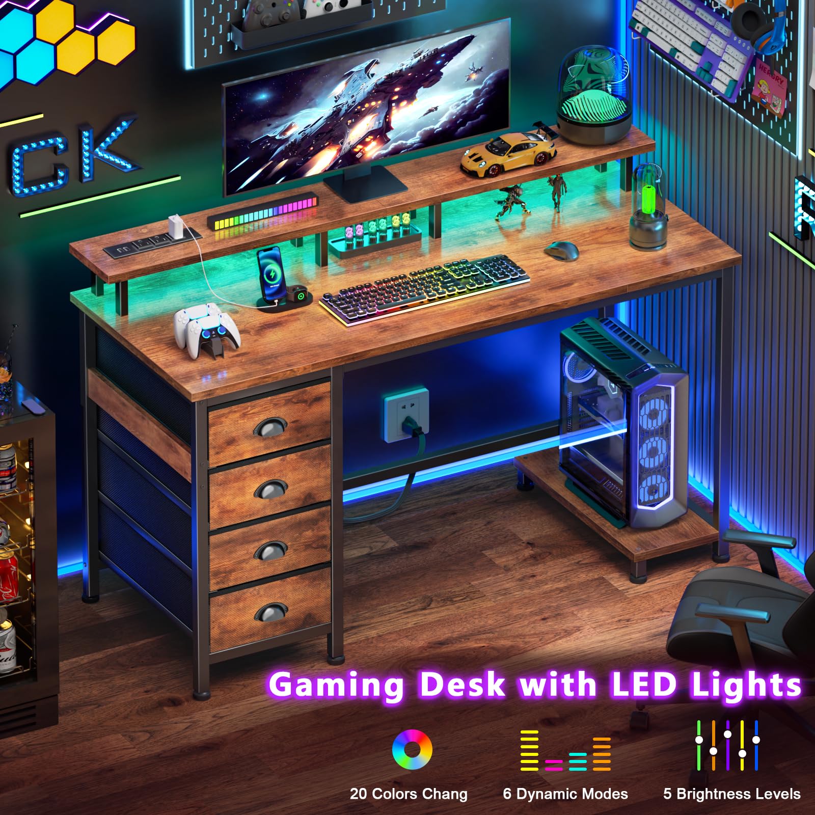 Gaming Desk with LED Lights & Power Outlets