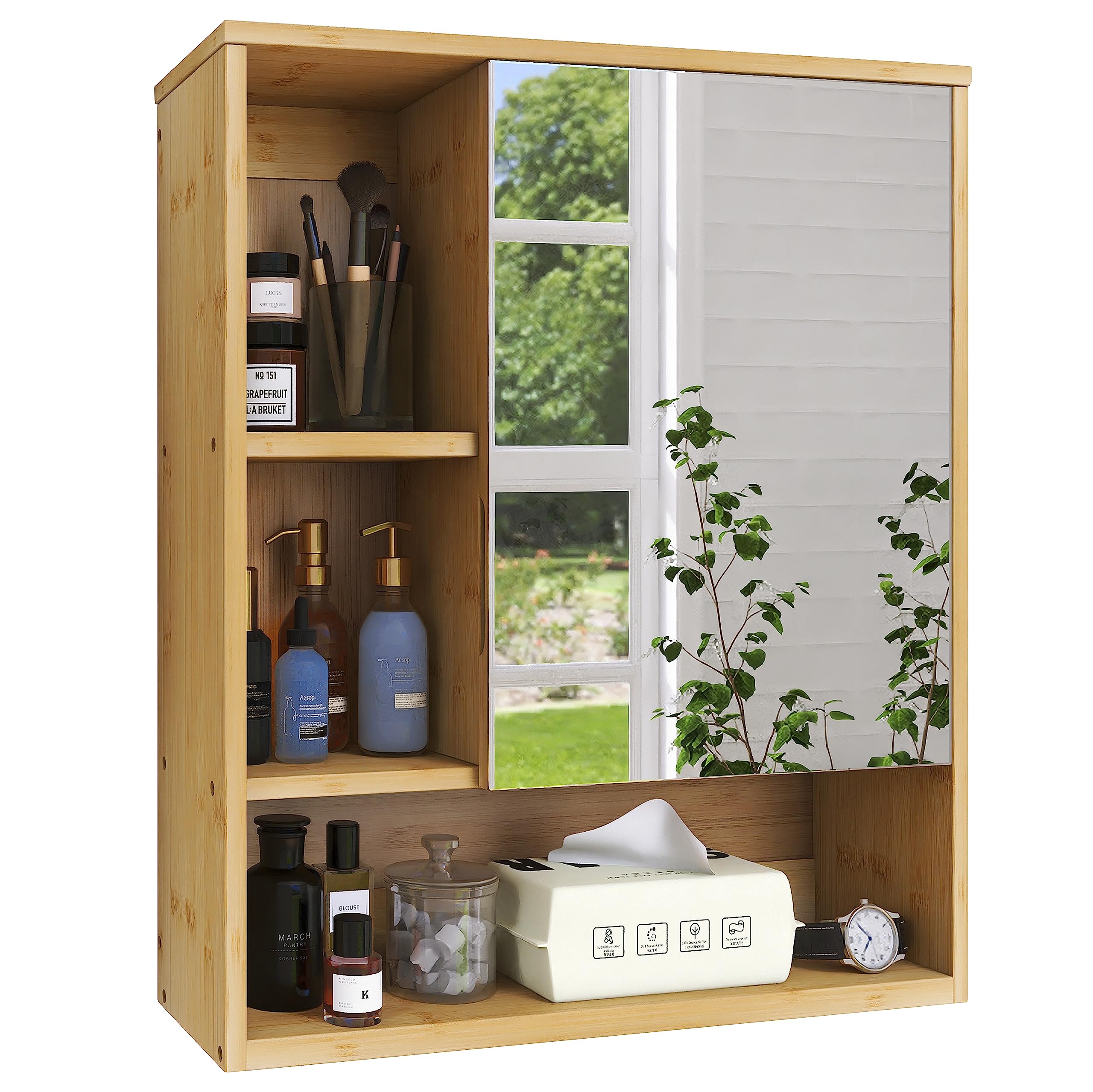 Bamboo Bathroom Mirror Cabinet Wall Mounted with Adjustable Shelf