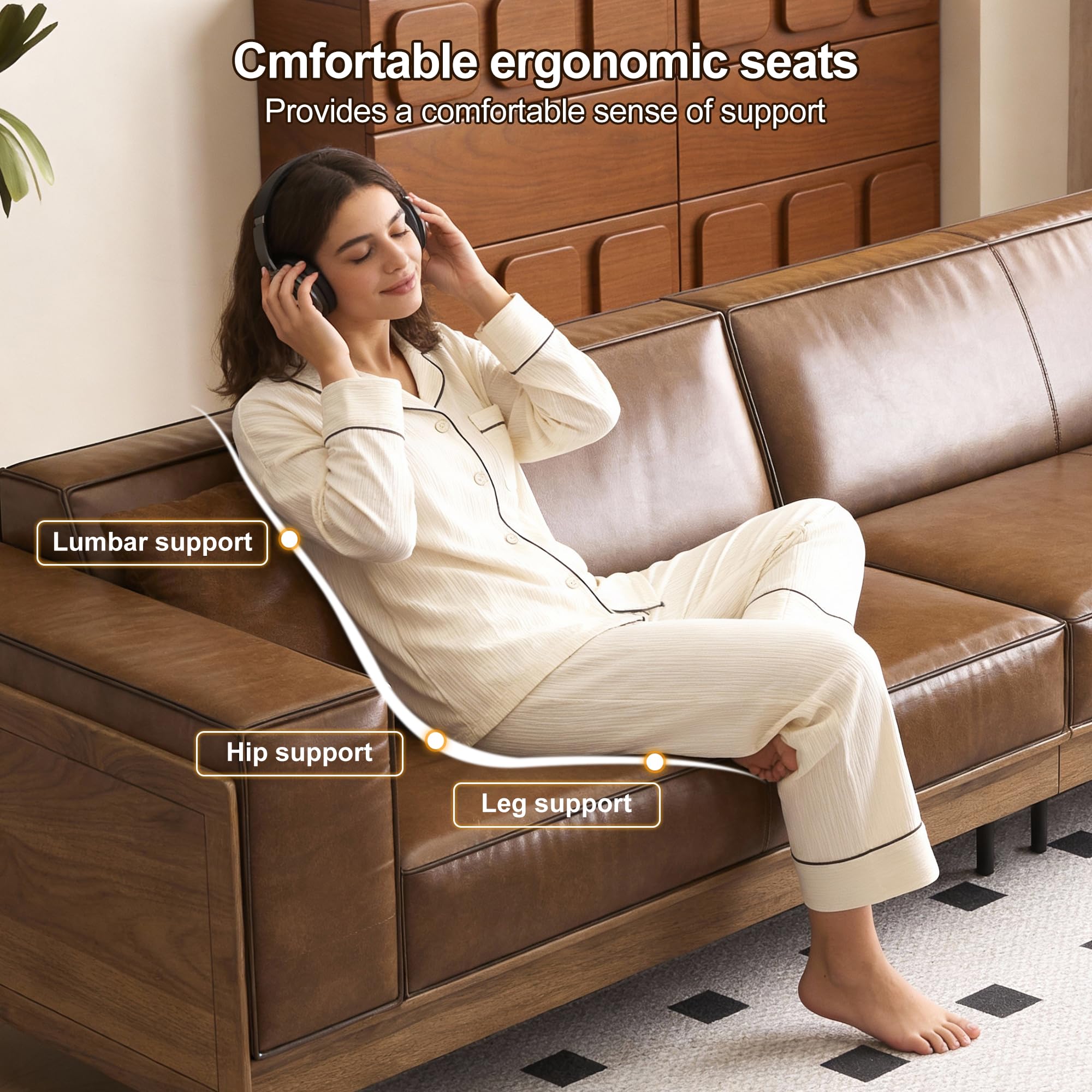 Brown Leather Sofa 3-Seater with Wood Frame