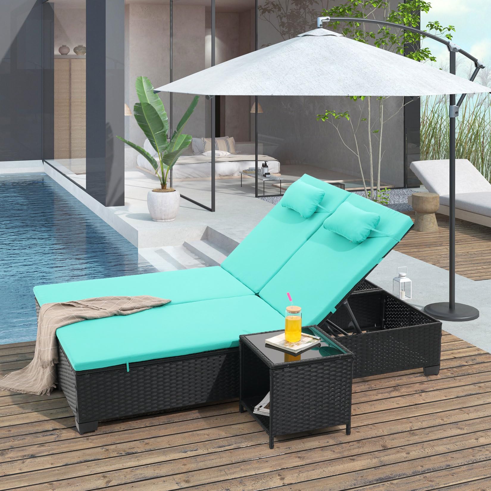 Patio PE Wicker Chaise Lounge Set with Table - Green