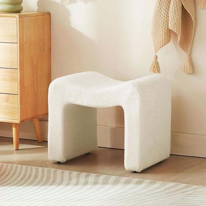 Small Footstool Ottoman Vanity Stool Set White Teddy Velvet 2-in-1