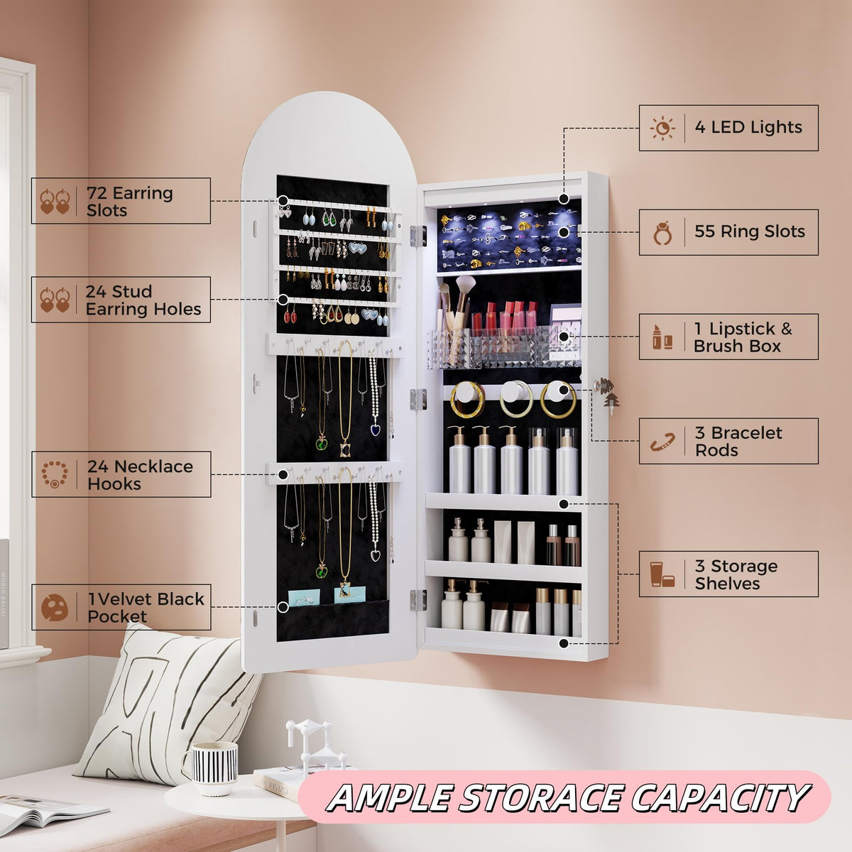 Wall Mounted Jewelry Armoire with Full Length Mirror and LED Light