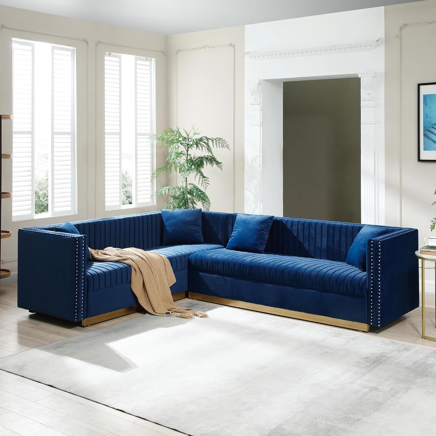 L-Shaped Velvet Sectional Sofa with Chesterfield Design