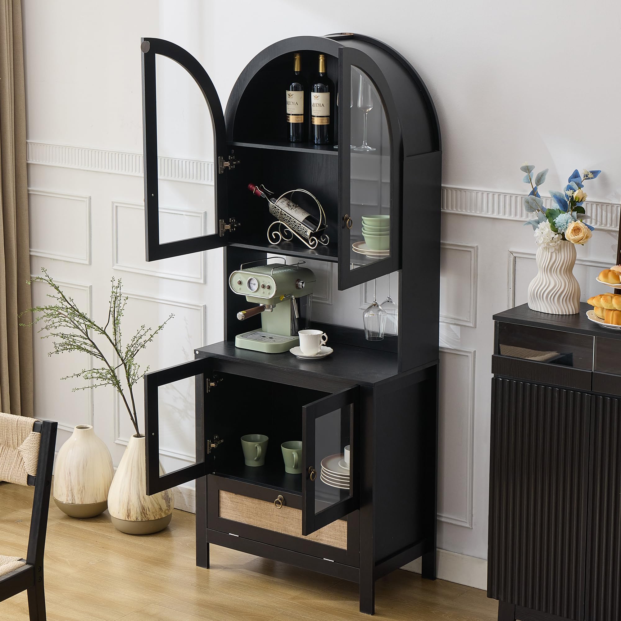 75" Tall Arched Pantry Cabinet with Glass Door