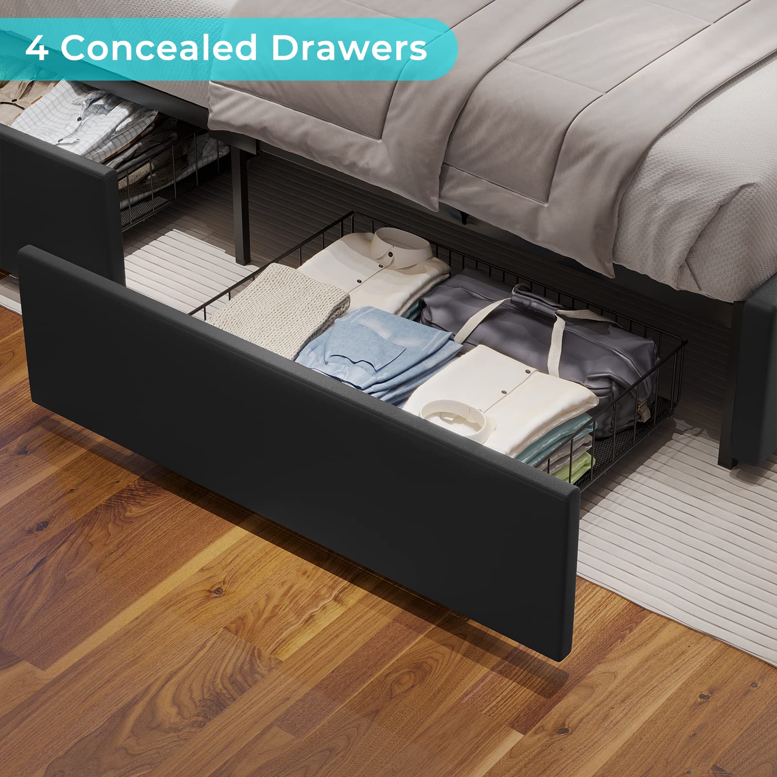 Queen Bed Frame with LED Headboard, Storage Drawers & Charging Station